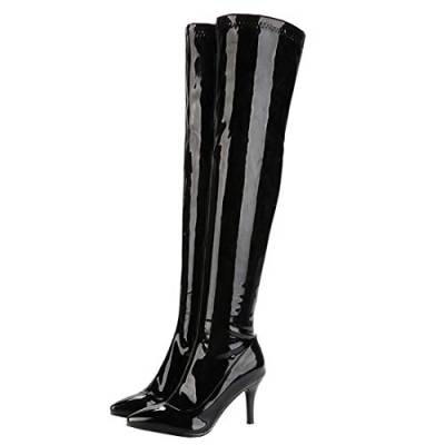 MISSUIT Damen Overknee Stiefel High Heels Stiletto Boots mit Reißverschluss Langschaftstiefel Lack Spitz 9cm Absatz Schuhe(Schwarz,38) von MISSUIT