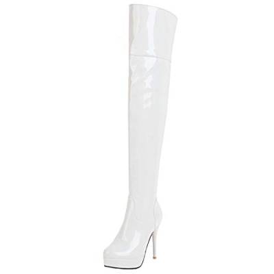 MISSUIT High Heels Overknee Stiefel Lack Plateau Stiletto Boots(Weiß,EU42) von MISSUIT