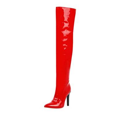 MISSUIT Damen Overknee Stiefel Spitze High Heels Lack Boots mit Reißverschluss (Rot,EU40) von MISSUIT