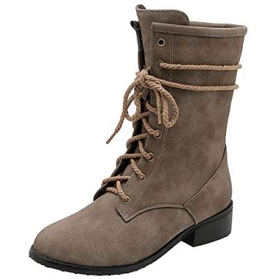 MJIASIAWA Damen Blockabsatz Leisure Klassischer Winter Schnüren Halbschaft Motorradstiefel Retro Runde Zehen Military Chukka Kampfstiefel Khaki Gr 52 EU/54 Asiatisch von MJIASIAWA