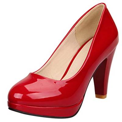 MJIASIAWA Damen Ohne Verschluss Closed Toe Kleid Höhe Ferse Plateau Pumps Buro Formal Lack Abend Mode Pumps Rot Gr 39 EU/40 Asiatisch von MJIASIAWA