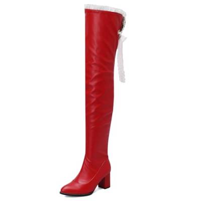 MJIASIAWA Damen Pointed Toe Thigh Lack Boots Winter Warm Blockabsatz Mode Overknees Party Overknees Stiefel Rot Gr 46 EU/48 Asiatisch von MJIASIAWA