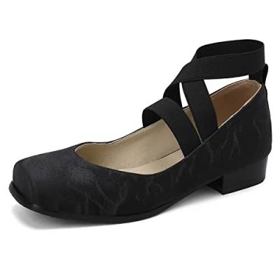 MJIASIAWA Damen Square Toe Ohne Verschluss Mary Jane Niedrige Absatz Pumps Elegant Ballerina Prom Ballet Schuhe Knöchelriemchen Dolly Schuhe Schwarz Gr 46 EU/48 Asiatisch von MJIASIAWA