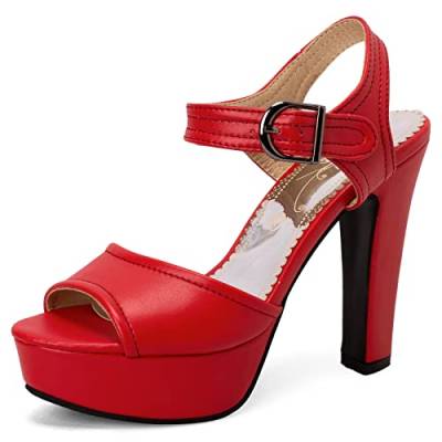 MJIASIAWA Elegant Heel Damen Peep Toe Plateau Sandalen Mode Knöchelriemchen Blockabsatz Gladiator Sandalen Party Schuhe Rot Gr 43 EU/45 Asiatisch von MJIASIAWA