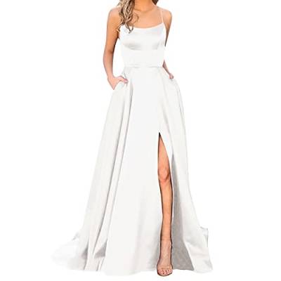 MJIQING Sommerkleid Damen Knielang Ballkleider Damen Lange Damen Elegant Neckholder Rückenfrei Lange KleiderCrisn Satin Spaghetti Party Abendkleid Seitenschlitz Hochzeit Weihnachten Kleid Damen von MJIQING