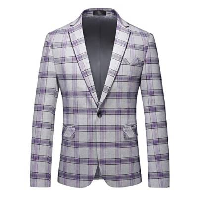 MOGU Herren Casual Anzug Blazer Jacken Slim Fit Plaid Sportmantel, Lila Grau, 44 von MOGU