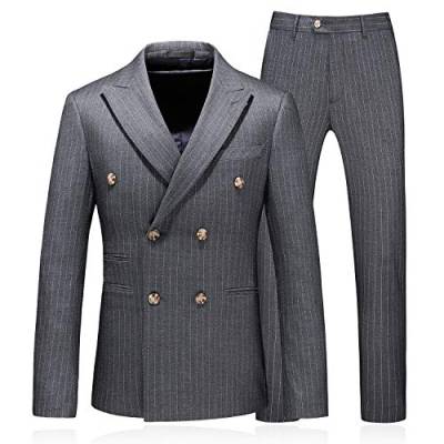 MOGU Herren Zweireihiger Nadelstreifen, 3-teiliger Anzug, schmale Passform, Blazer, Jacke & Hose & Weste - Grau - 48 von MOGU