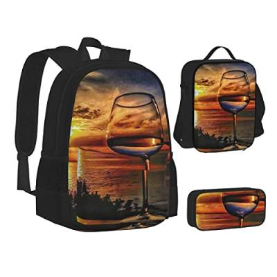 MOLIAE Rucksack, Reiserucksack, leichte, wasserabweisende Büchertasche, mit Lunch-Tasche, Federmäppchen, Schwarz und Weiß, Sunset Weinglas, EinheitsgröÃŸe von MOLIAE