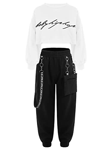 MSemis Mädchen Hip Hop Street Dance Kleidung Set Jazz Dancewear Langarm Crop Top + Sweatpants für 4-16 Jahre Weiß A 146-152 von MSemis