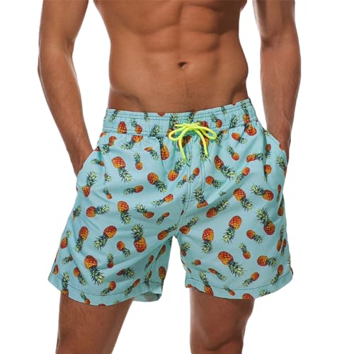 MYCOLORBLUE Herren Badeshorts Sommer Hawaii Kurz Hose mit Netzfutter Tunnelzug Taschen Gummibund Strand Shorts Ananas M von MYCOLORBLUE