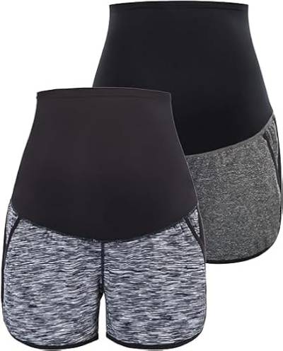 Maacie Umstandsshorts für Frauen leichte feuchtigkeitsableitende Bequeme Stretchshorts 2 Stück - Grau-Schwarz+Schwarze Blumengrau L von Maacie