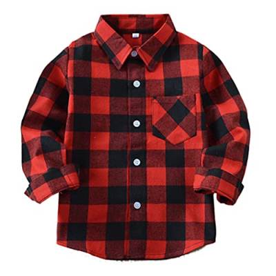 Machbaby Jungen Mädchen Langarm Hemden Plaid Kariert Freizeithemd Tops Baumwolle Button-down Langarmshirt(Rote und Schwarze Quadrate,120) von Machbaby