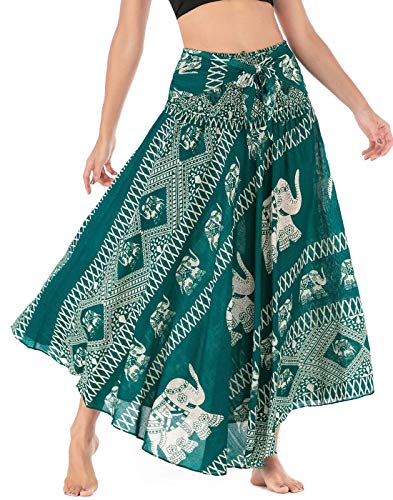 FEOYA Rock Boho Lang Damen Sommerrock Maxi Rock Hohe Elastische Taille Strand Hippie Rock Gedruckt Blumen Bohemian Strandrock Strandkleid Urlaub Gypsy Rock Blumenmuster Floral A Linie Grün Sommer von Maeau