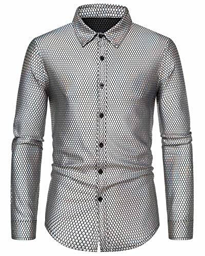 MakingDa Herren Kleid Hemd Rhombus Bronzing Print Langarm Button Down Shirts 70er Jahre Disco Party Kostüm, silber, XL von MakingDa