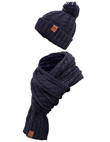 Manufaktur13 Knit Winter Set - Schal & Mütze, 2-teiliges Kombiset aus Strickschal und Beanie, Bommelmütze, Echt-Leder Veredelung (3 Navy) von Manufaktur13