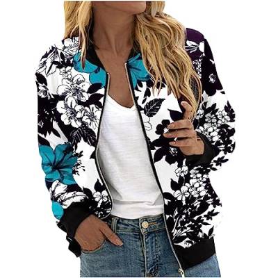 Sweatjacke Damen Bomberjacke Stehkragen Langarm Übergangsjacke Modisches Blumen Muster Sportjacke Leichte Sommer Herbstjacke Arbeitsjacke Trainingsjacke Baseballjacke Fahrradjacke von Masrin