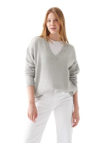 Mavi Damen V Neck Sweater Sweatshirt, Light Grey Melange, S/ von Mavi