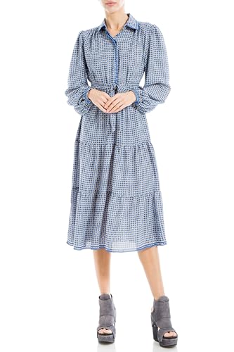 Max Studio Damen Midi-Hemdkleid mit Langen Ärmeln Kleid, Quadratisches Wappen mit blauem Rahmen, X-Klein von Max Studio
