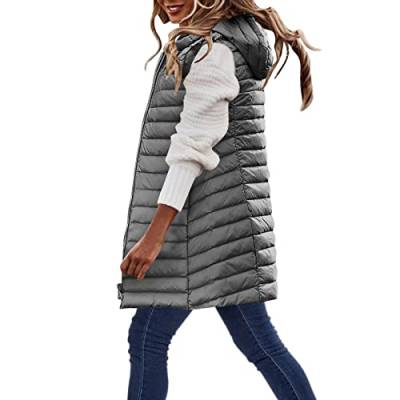 Lang Jacke Weste Damen, Daunenweste mit Kapuze Winter Warm Longweste Ärmellose Lange Steppweste Leicht Winterjacke Winterweste Daunenmantel Daunenjacke Outdoor Puffer Jacke Mäntel Winterweste von MeiLyviba