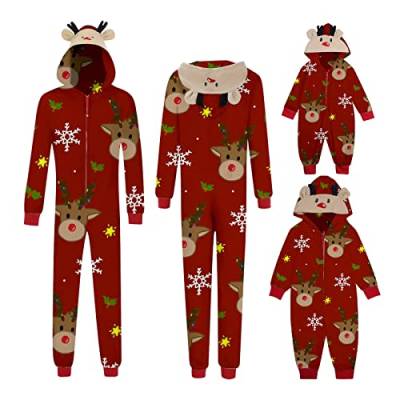 Weihnachten Pyjama Familien Damen Herren Kinder Jumpsuit Kuschelig Hoodie mit Reißverschluss Kapuze Rentier Weihnachts Schlafanzug Set Einteiler Nachtwäsche Overall Hausanzug für die ganze Familie von MeiLyviba