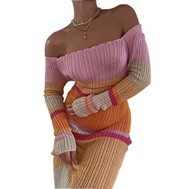 Frauen Retro Print Strick Bodycon Kleid Y2K Low Cut Ärmellos Rückenfrei Cami Langes Kleid Vintage Cocktail Party Beachwear (Pink Orange Stripe, L) von Meicywybb