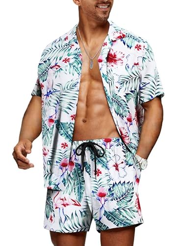 Meilicloth Hawaii Hemd Männer Hawaiihemd Herren Set Flamingo Blumenmuster Floral Kurzarm Sommer Shorts Herren Kurze Hose Herren Weiß - Flamingo XXL von Meilicloth