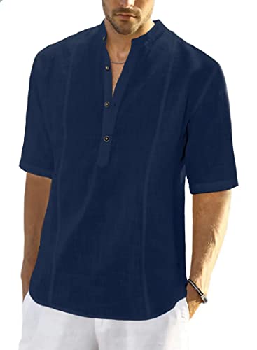 Meilicloth Herren Baumwolle Leinenhemd Herren Hemd Kurzarm Henley Sommerhemd Regular Fit Freizeithemd Casual mit Taschen Navy blau 2XL von Meilicloth