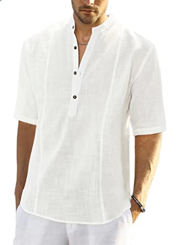 Meilicloth Herren Baumwolle Leinenhemd Herren Hemd Kurzarm Henley Sommerhemd Regular Fit Freizeithemd Casual mit Taschen Weiß XL von Meilicloth