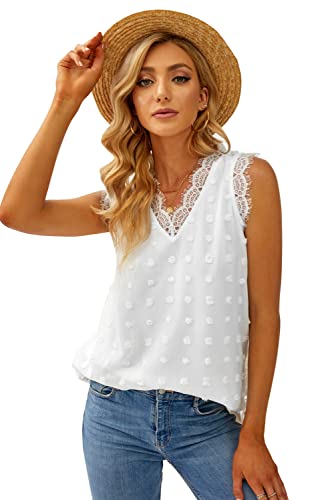 Bluse Damen Vintage V-Ausschnitt Ärmellose Swiss Dot Pom Pom Shirt Tops Spitze Lässige T-Shirt Elegant Oberteile (M, Weiß) von Meufam
