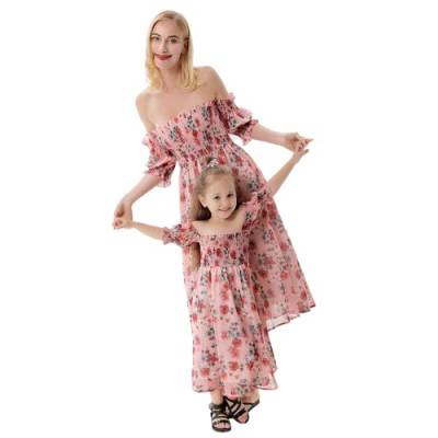 Family Outfits Sommerkleider Schulterfreies Chiffonkleid Mutter und Tochter Damen Kleider Blumenmuster Mädchen Strand Kleid （Mädchen，3-4 Jahre） von Meufam