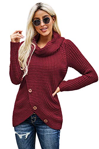 Meufam Damen Winterjacke Warm Strickjacke Rollkragen Strickpullover Casual Pullis Langarm Pullover Sweater (Rot, M) von Meufam