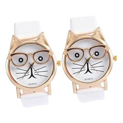 Mikikit 2 STK Katzenuhr Modische Uhr Sportarmbanduhr Lässige Lederuhren Mit Katzenmuster Kinderarmbanduhr Uhr Mit Pu-Armband Cartoon-Uhren Mädchen Edelstahl Weiß Damen Katzengürtel von Mikikit