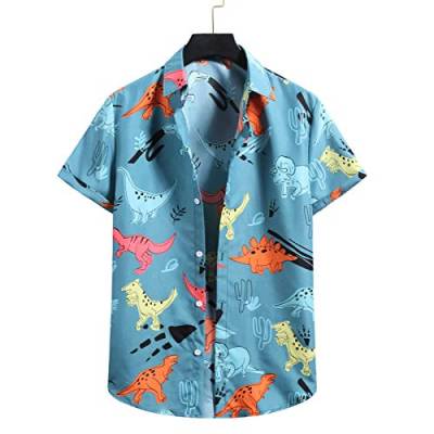Herren Kurzarm Regular Fit Freizeithemd Hawaiihemd Funky 3D Dinosaurier Hemd Urlaub Beach Party Hemden Strand Beilaufig Hawaii Hemd Shirt (Blau,2XL) von Mimihuhu