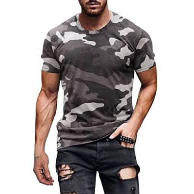 Kurzarmshirt für Herren Sommer Camouflage Muster T Shirt Slim fit Rundhalsausschnitt Oberteil (Grau,L) von Mimihuhu