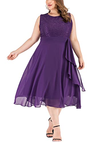 Minetom Abendkleid Spitzenkleid Damen Große Größen Elegant Kleid Spitze Chiffon Knielang Festlich Hochzeit Cocktail Kleider Abendkleid Partykleider Übergröße Midikleid E Violett 3XL von Minetom