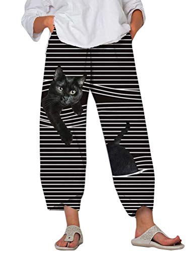 Minetom Damen 7/8 Jogginghose Haremshose Baggy Mit Taschen Pumphose Sommerhose Leichte Yoga Freizeithose Tierdruck Strand Hose A Schwarz Katze 3XL von Minetom