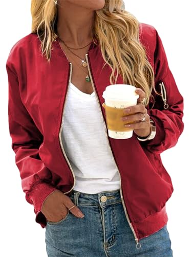 Minetom Damen Bomberjacke Ladies Light Bomber Jacket leichte Fliegerjacke Blouson Pilotenjacke Kurzjacke Damenjacke Herbst Frühling College Jacke B Rot L von Minetom