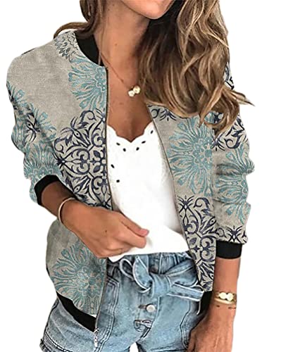 Minetom Damen Casual Jacke Blumenmuster Langarm Bomberjacke Reißverschluss Stehkragen Outwear Kurz Mantel Herbst Frühling Leicht Jacke A Blau S von Minetom