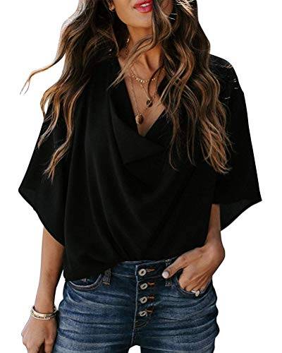 Minetom Damen Fledermaus Batwing Chiffonbluse Tunika T-Shirt Top Bluse Kurzarm Drapieren V Ausschnitt Sommer Casual Loose Fit Elegant Hemd Schwarz 42 von Minetom