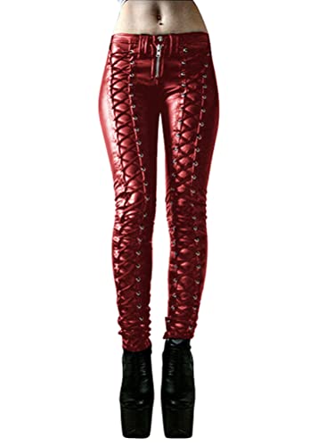 Minetom Damen Gotisch Kunstleder Leggings High Waist Skinny Punk Hose Strumpfhosen Treggings Kreuzgurt Leggings PU Leder Look C Rot XS von Minetom