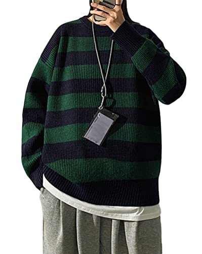 Minetom Damen Herren Strickpullover Oversize Rundhals Langarm Gestreifte College Strickpulli Teenager Mädchen Pullover Retro Winter Mode Pullover Oberteile Tops B Grün XXL von Minetom