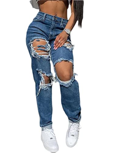 Minetom Damen High Waist Jeans Stretch Jeanshose Zerrissen Destroyed Loose Fit Jeanshose Boyfriend Denim Gerade Hose L Blau XXL von Minetom