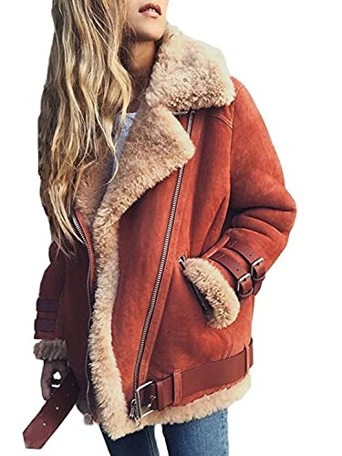 Minetom Damen Mäntel Warm Streetwear Winterjacke Wildleder Wolle Motorradjacke Fleece Outwear Jacke Parka Mit Taschen A Hellrot 38 von Minetom