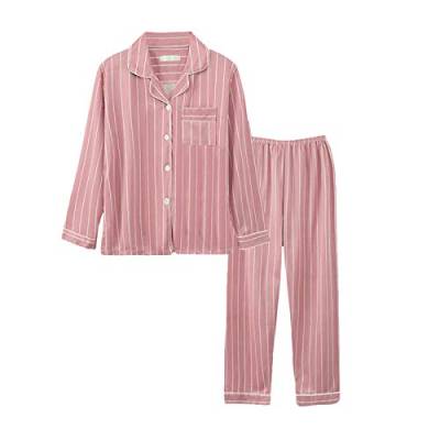 Minetom Damen Pyjama Set Schlafanzug Gestreift mit Knopfleiste und Hemdkragen Zweiteiliges Nachtwäsche Leicht Langarm Shirt und Hosen Stil L 40 von Minetom
