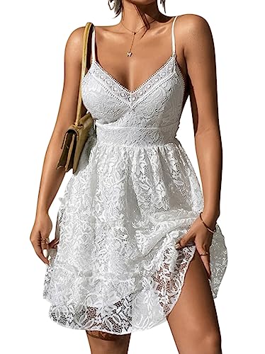 Minetom Damen Spitzen Sommerkleid Mit Spaghettiträgern Kurz Kleid V-Ausschnitt Ärmellos Sommer Boho Strandkleid A-Linie Kleid A5 Weiß S von Minetom