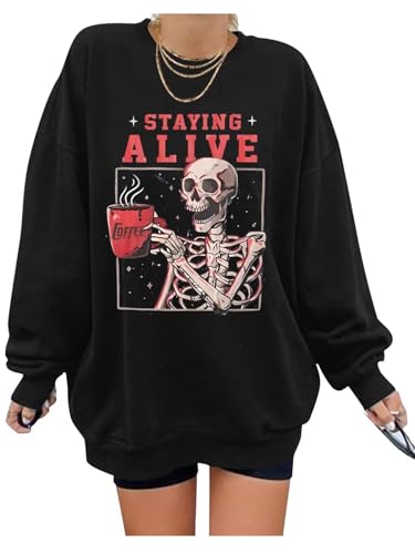 Minetom Damen Sweatshirt ohne Kapuze Vintage Drucken Oversized Langarmshirt Rundhals Pullover Tops Mädchen Lockerer Oberteile Hip Hop Top Casual Mode Brief Print Shirt K Schwarz M von Minetom