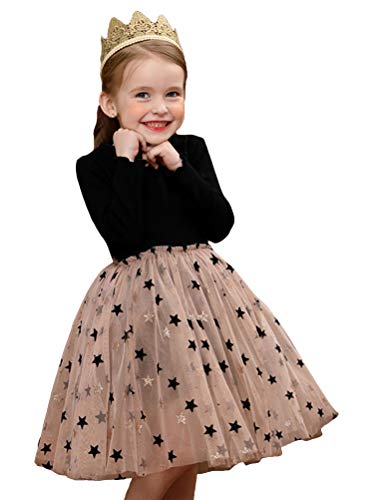 Minetom Kinder Mädchen Kleider Tüll Kleid Faltenrock Party Sterne Langarm Kleidung Lässige Kinderkleidung Gr. 100-140 A Schwarz Langarm 130 von Minetom