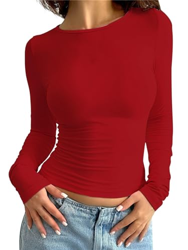 Minetom Sweatshirt Damen Langarmshirt Slim Fit Rundhals Langarm T-Shirt Y2K Tops Oberteile Einfarbig Basic Crop Top Casual Aesthetic Clothes Streetwear Sweatshirts Teenager Mädchen A Rot XL von Minetom