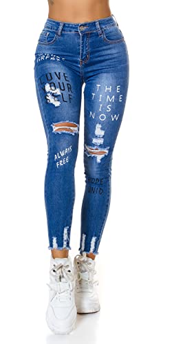 Miss RJ Jeans High Waist Damen Skinny Jeans Jeanshose Used Look mit Schriftzug Print (34, Blau) von Miss RJ