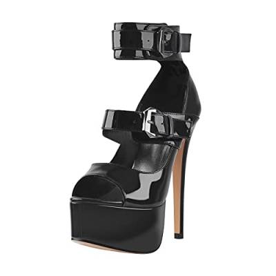 MissHeel Plateau Peep Toe Pumps Schnallen Absatzschuhe High Heels Stilettos Schwarz EU 43 von MissHeel